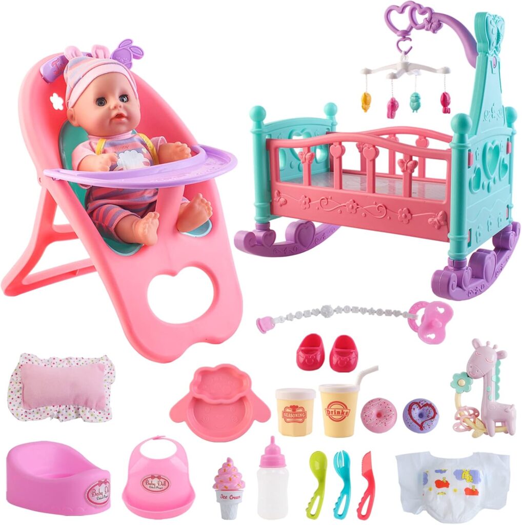 deAO Baby Doll Set with Crib Bed High Chair Stroller Baby Doll Accessories 20 Pieces Play Set Birthday for Girls Boys Kids