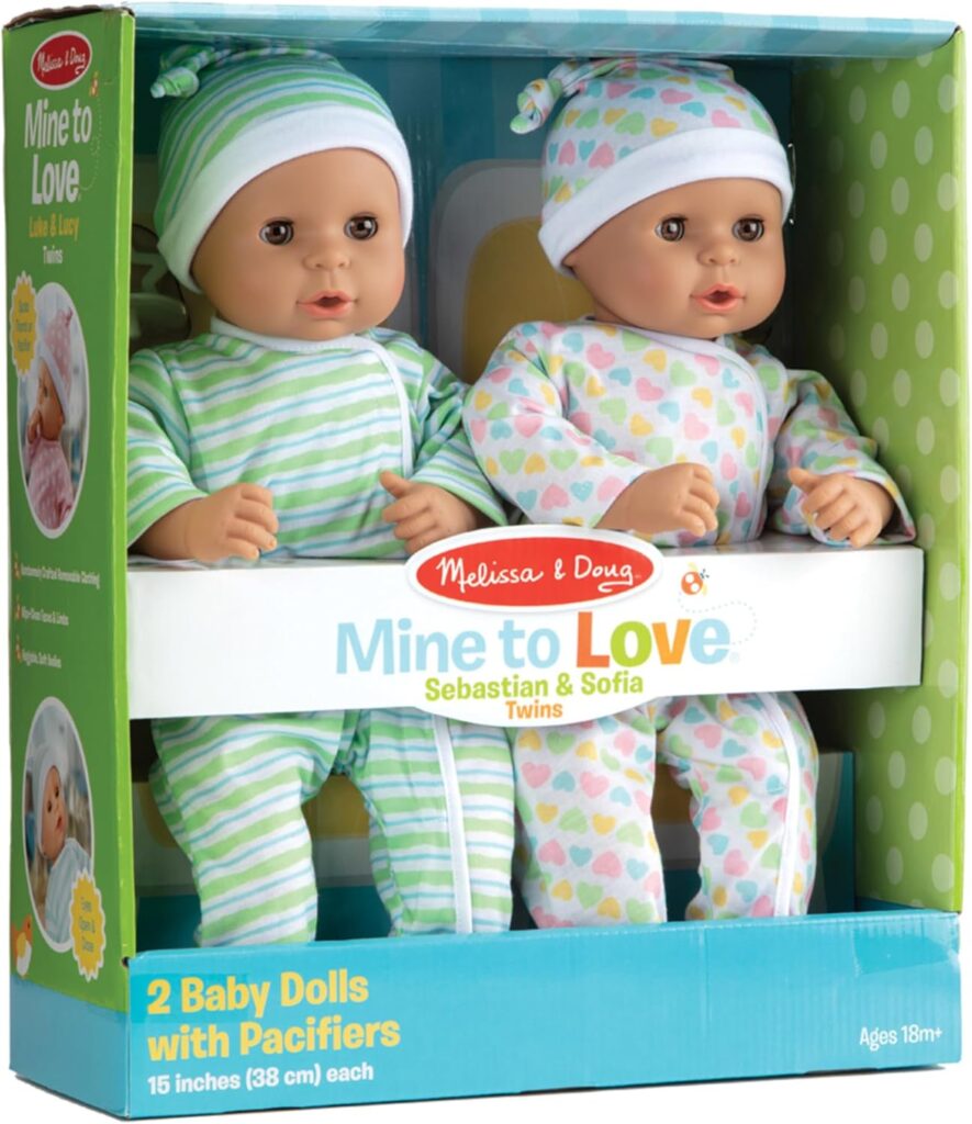 Melissa & Doug Mine to Love Twins Sebastian & Sofia 15” Medium Skin-Tone Boy and Girl Baby Dolls with Rompers, Caps, Pacifiers