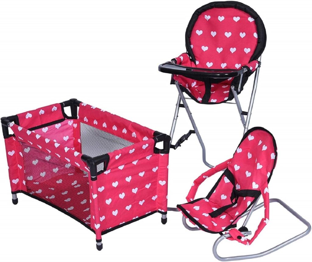 The New York Doll Collection Dolls Mega Play Set with Dolls High Chair, 3-1 Doll Bouncer and Pack N Play Pink for 18-inch Dolls