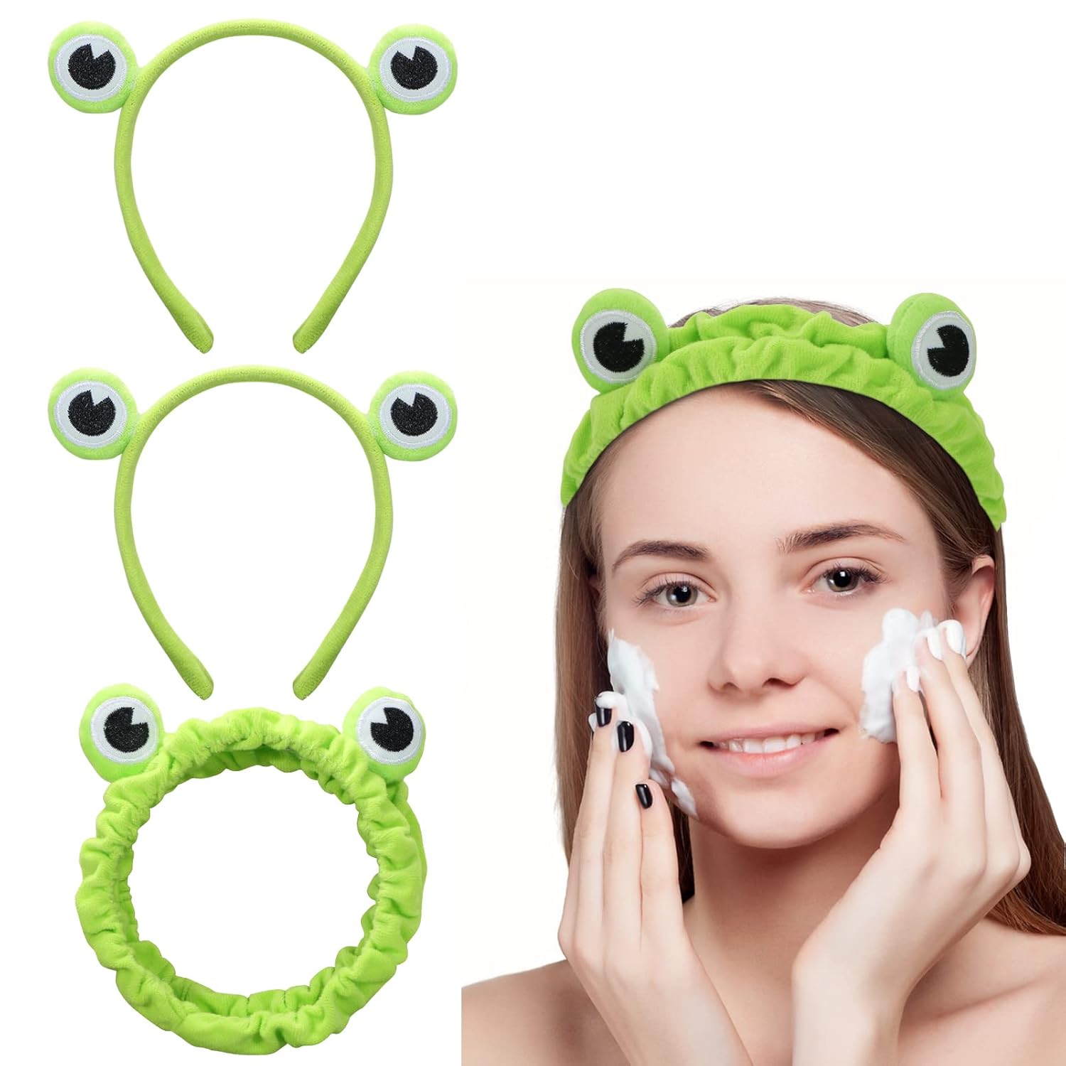 BENBO Frog Headband, 3 Pcs Frog Spa Head Wrap Frog Eyes Facial Fleece Cosmetic Makeup Hairbands Cute Cartoon Animal Head...