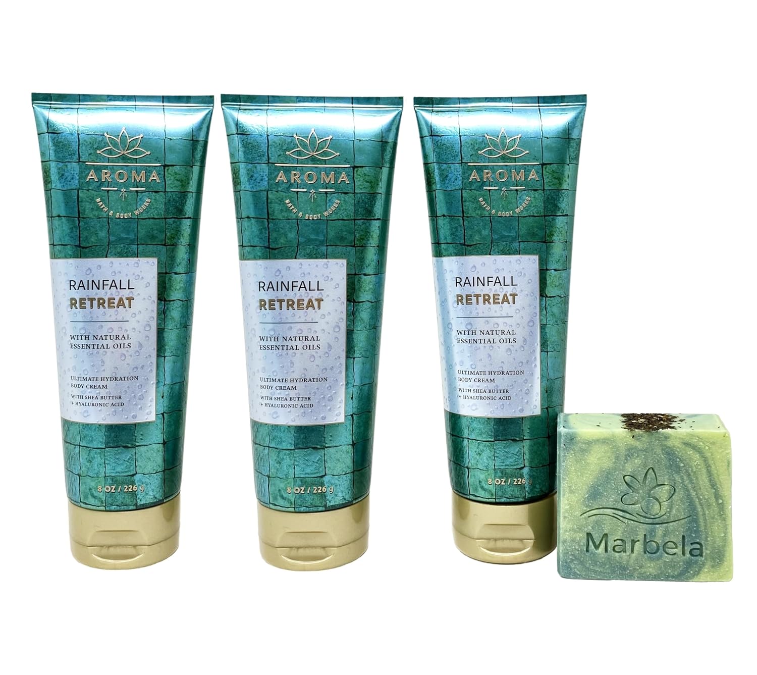 Bath & Body Works Aroma Rainfall Retreat 3 Pack Body Cream Value Pack with a Fresh Forest Bar Soap - Full Size