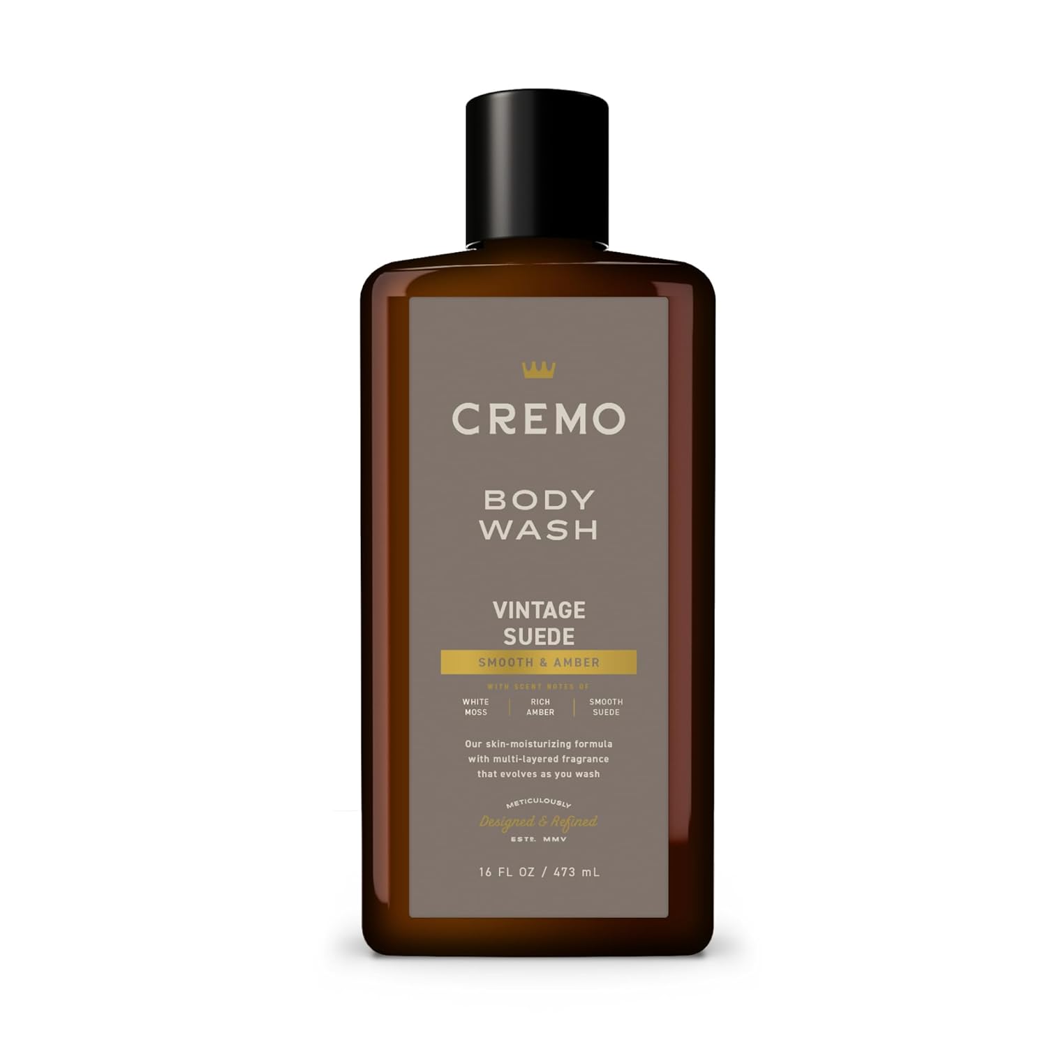 Cremo Rich-Lathering Vintage Suede Body Wash for Men, A Vintage Suede with Notes of White Moss and Rich Amber, 16 Fl Oz