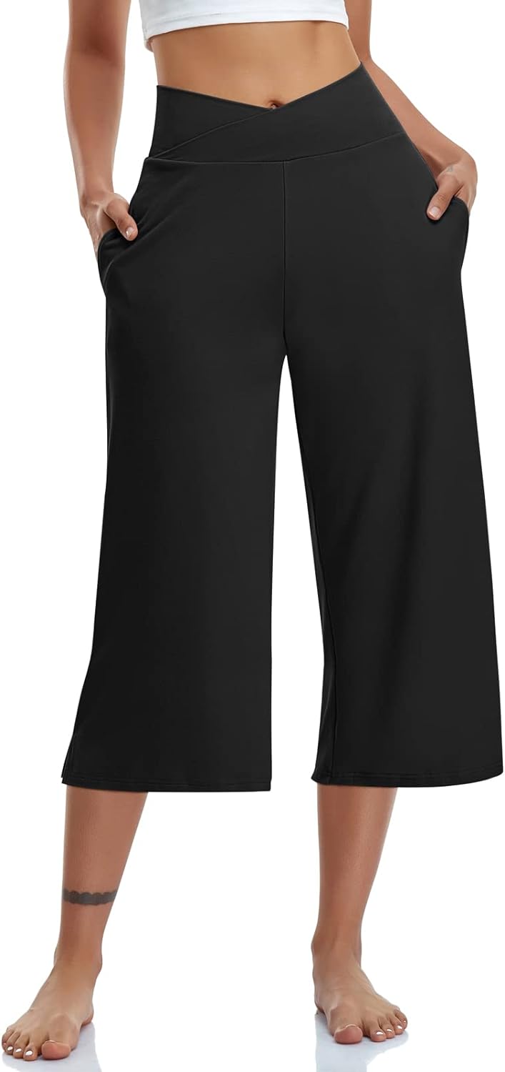 TARSE Womens Casual Wide Leg Yoga Capris Crossover High Waist Capri Pants Loose Soft Pajama Pockets Sweatpants