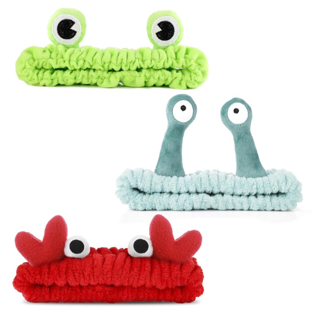 WLLHYF 3 Pack Spa Headband Face Wash Hairband Facial Makeup Head Wraps Cartoon Elastic Head Band Cute Frog Snail Crab Sh...